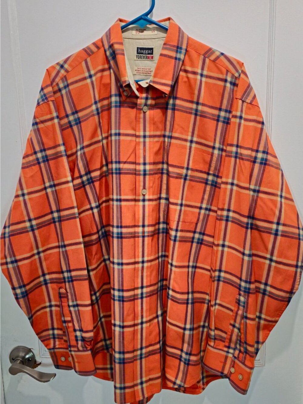 Haggar Forever New Mens L/G Orange Plaid Button-Up Shirt Fade-Resistant Wrinkle - Picture 7 of 13